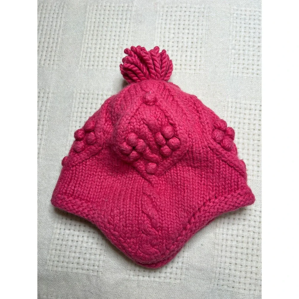 Janie Jack Baby Girl Pink‎ Knit Hat Pom Pom Tassle Cable Knit 12 24 Months